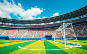 Colorful soccer field with two sets of goalposts and a vibrant stadium background, ready for a thrilling match.