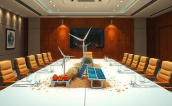 A meeting scene showcasing a strategic partnership between Nigeria and Brazil with symbols of agriculture and energy development.