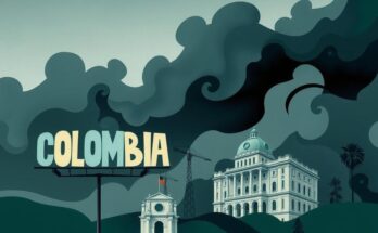 An abstract representation of political tension in Colombia with dark clouds, a stylized government building, and muted colors.