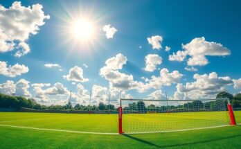 Lush rugby field with goalposts and a vibrant sky, embodying the excitement of a Test match in Argentina.