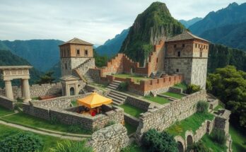 Ancient ruins in Peru with mountain backdrop showcasing archaeological significance.