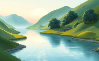 A peaceful landscape symbolizing diplomacy, featuring a serene river and green hills, with soft pastel colors.