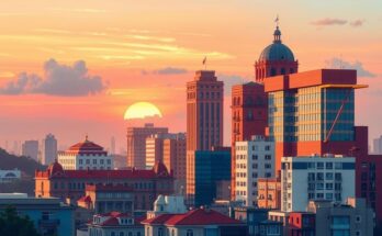 A vibrant city skyline of Lima during sunset, showcasing buildings, clouds, and a warm color palette.