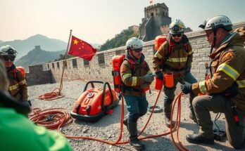 A mining safety training session with rescue equipment and China’s Great Wall in the background, emphasizing collaboration.