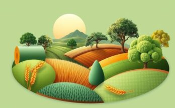 Bilateral meeting scene depicting collaboration in agrarian development, with abstract elements symbolizing sustainable agriculture.