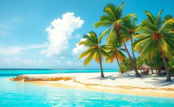 A serene beach scene in St. Lucia with white sand, lush palms, and clear blue skies, conveying tranquility and escape.