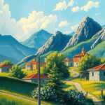 Serene landscape depicting a tranquil Syrian village with mountains and greenery under a vibrant blue sky.