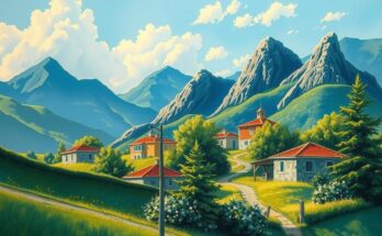 Serene landscape depicting a tranquil Syrian village with mountains and greenery under a vibrant blue sky.