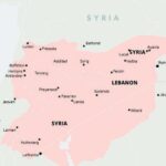 A map illustrating the Middle East highlighting Syria and Lebanon in soft pastels, hinting at political changes.