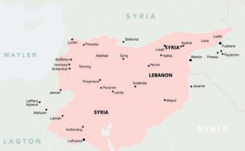 A map illustrating the Middle East highlighting Syria and Lebanon in soft pastels, hinting at political changes.