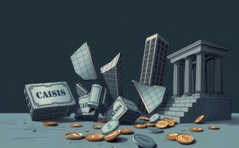 An abstract representation of a banking crisis depicting broken buildings, coins, and a dark color scheme.