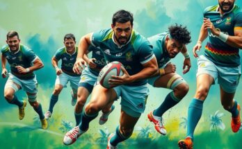 A dynamic rugby scene showcasing a scrum-half in mid-play, with green and blue shades reminiscent of Fiji's colors.