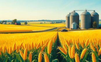 Golden corn fields and grain silos under a bright sky, showcasing U.S. grain export opportunities.