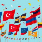 Colorful representation of global diplomacy and protests, showcasing flags, vibrant banners, and cultural symbols.