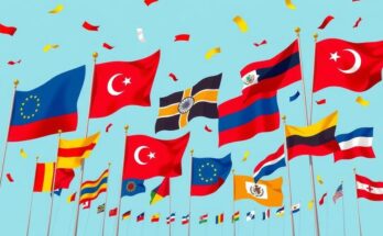 Colorful representation of global diplomacy and protests, showcasing flags, vibrant banners, and cultural symbols.