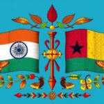 Symbolic representation of India and Ghana partnership with a national emblem and cultural elements.