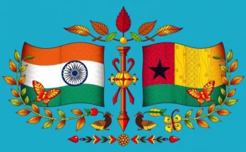 Symbolic representation of India and Ghana partnership with a national emblem and cultural elements.
