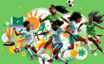 A vibrant collage celebrating Nigerian women's football icons with trophies, goals, and spirited action in colorful hues.
