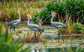 Gray crowned cranes gracefully walking through lush wetlands showcasing successful conservation efforts in Rwanda.