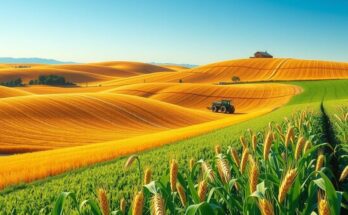 Vibrant landscape with vast fields of wheat and soybeans under a clear blue sky, showcasing Argentina's agricultural prosperity.