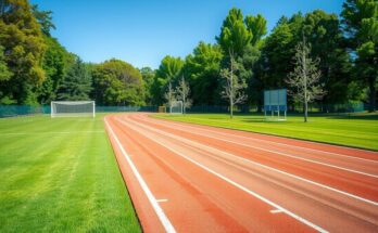 Athletes training on a track surrounded by green grass and trees, capturing the spirit of youth athletics in Nigeria.