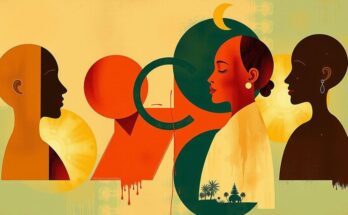 Abstract painting depicting peace talks in South Sudan, showcasing vibrant earth tones with shapes symbolizing dialogue and collaboration.