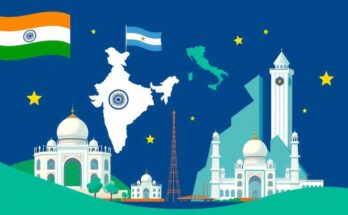 A symbolic representation of diplomatic ties, featuring flags, maps, and symbols of India and Argentina.