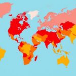 Travel advisory warning map highlighting restricted countries for US citizens with vibrant color scheme.
