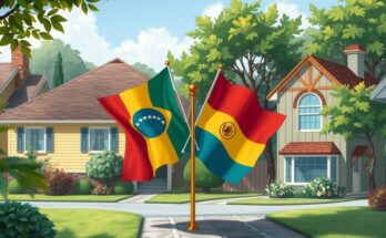 Two flags intertwined with a backdrop of a peaceful neighborhood setting representing unity between Brazil and Argentina.