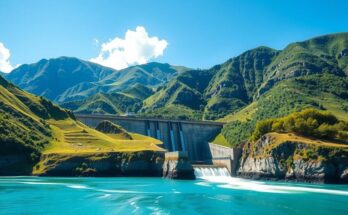 Brazil and Paraguay flags with the Itaipu dam in a serene landscape under a blue sky.