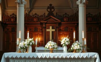 An altar with candles and flowers in a serene church setting, symbolizing peace and reflection.