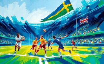 Dynamic rugby match scene with vibrant energy and intensity in a stadium setting, using bold colors and athletic forms.