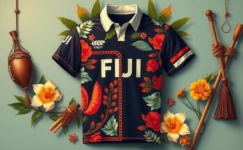 A sacred rugby jersey representing Fiji's pride and legacy, surrounded by cultural symbols and warm colors.
