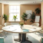 A vibrant meeting room setting with a large table and flags, showcasing diplomacy and collaboration.