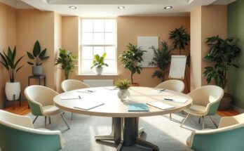 A vibrant meeting room setting with a large table and flags, showcasing diplomacy and collaboration.