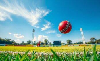A cricket field capturing the excitement of a record-breaking match, featuring a sunny day and lush green grass.