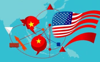 An abstract representation of international trade dynamics with Vietnam and the U.S., using bold colors and geometric shapes.
