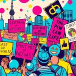 Colorful protest scene with vibrant signs and banners, symbolizing activism and freedom, in pop art style.