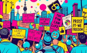 Colorful protest scene with vibrant signs and banners, symbolizing activism and freedom, in pop art style.