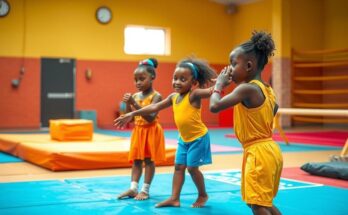 A vibrant gymnastics session in a training facility in Uganda, showcasing athletic equipment and enthusiastic children engaged in practice.