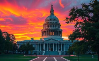 A dramatic view of the Capitol building during sunset, symbolizing political discourse and legislative processes in the US.