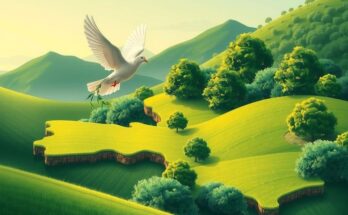A conceptual representation of sovereignty featuring a dove and an olive branch beside a map, embodying peace and strength.