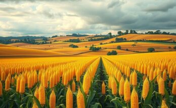 Golden cornfields stretching under a cloudy sky, with distant hills, symbolizing Brazil's agricultural landscape.