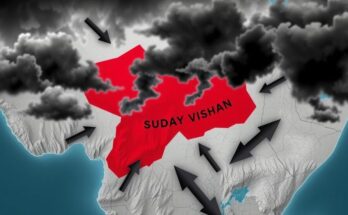 A map of Sudan highlighting areas of conflict, with dark clouds and arrows indicating foreign influences.